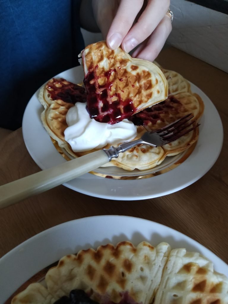 Waffles with jam and sour-cream